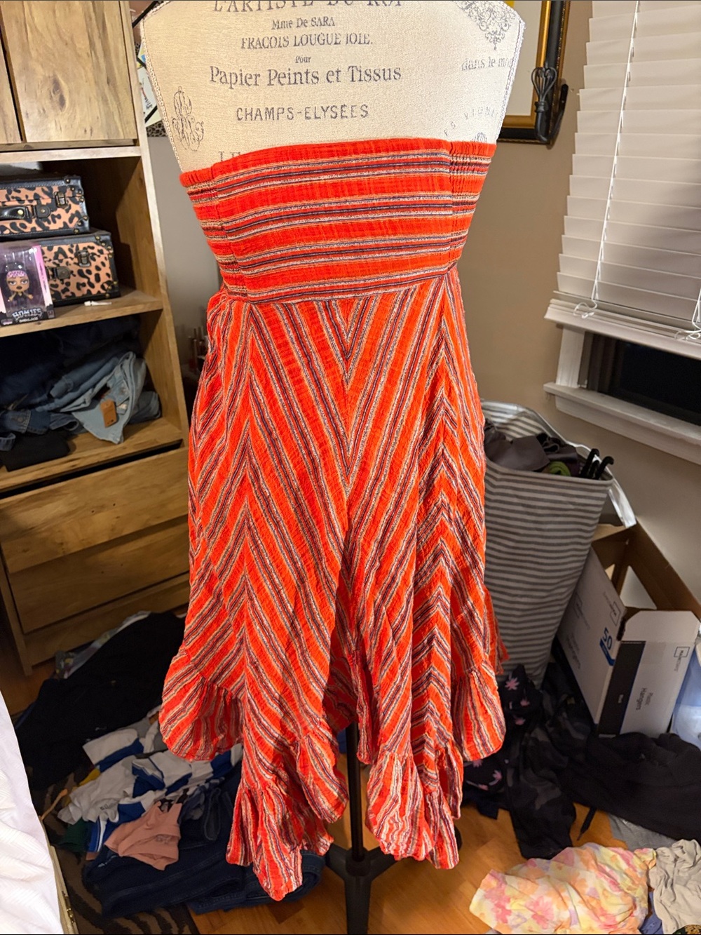 Free People Red & Orange Striped Strapless Midi Dress - Small